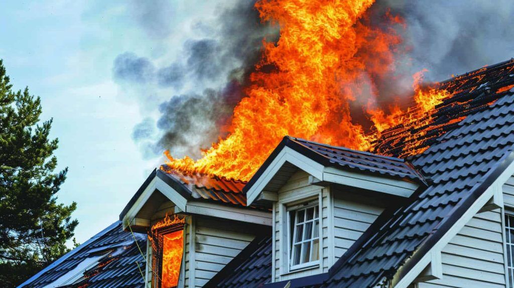 A home with an active roof fire