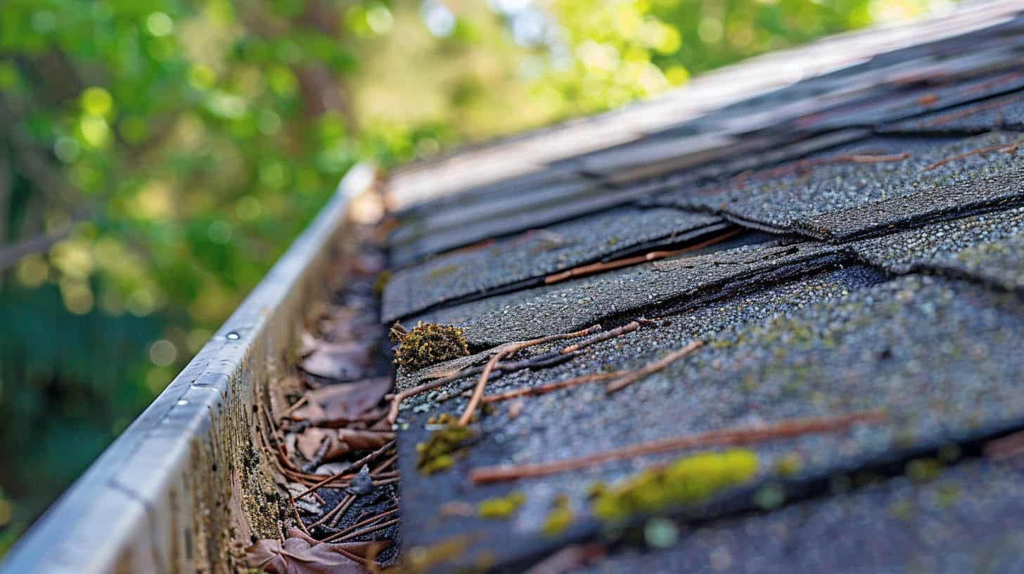 Gutters filled with leaves and debris, leading to homeowners questioning "how do you clean gutters safely?"
