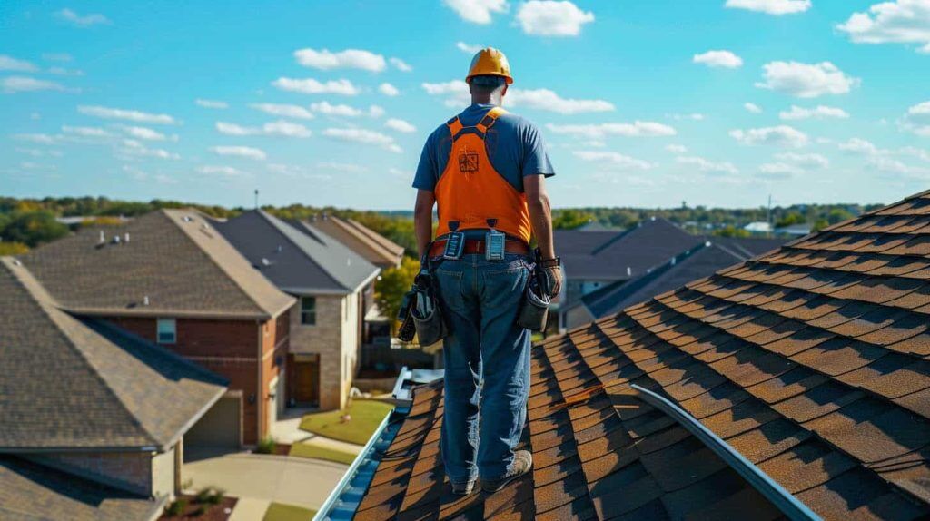 A contractor on a roof showing how to remove shingles and replace missing shingles after removing