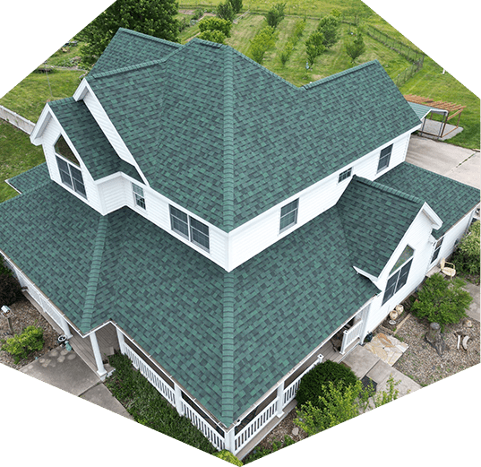 aerial view of green asphalt residential roof