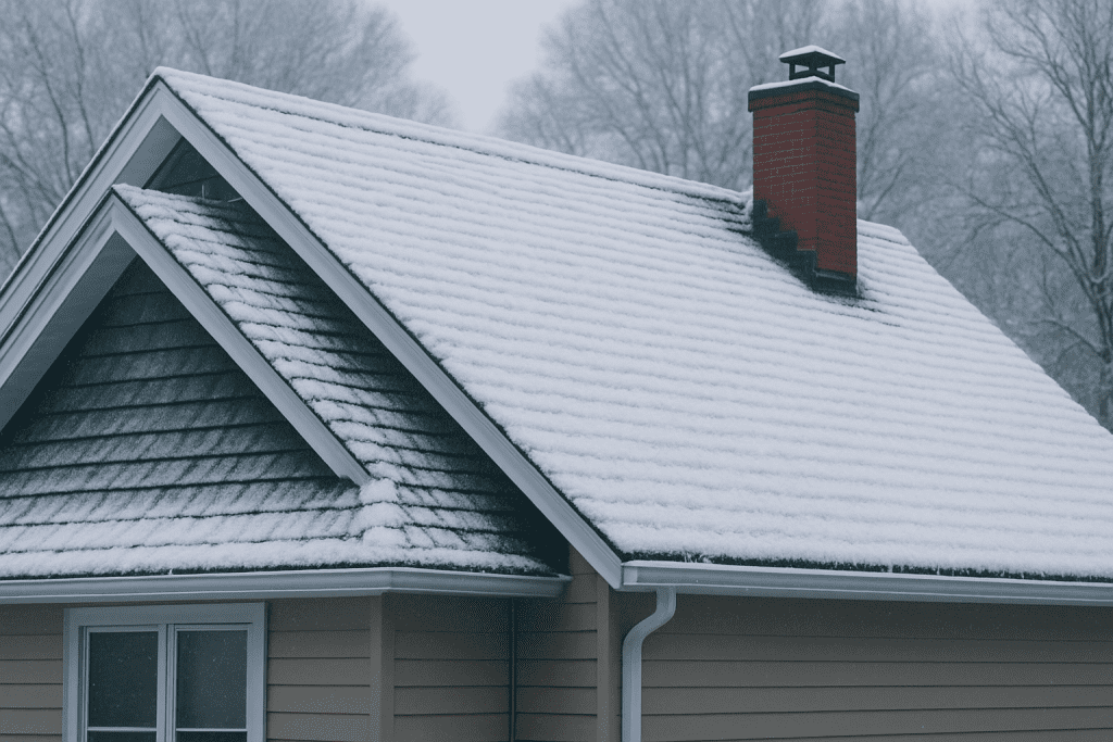 A residential roof covered with snow in response to the question "Can you replace a roof in Winter?"