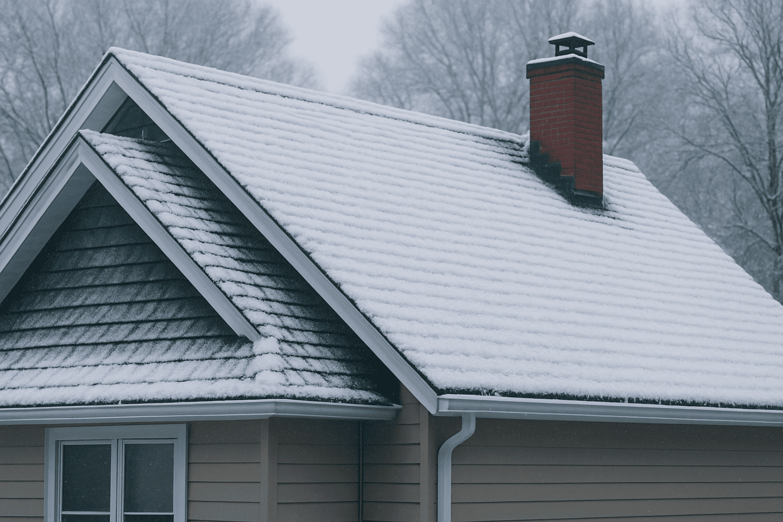 A residential roof covered with snow in response to the question "Can you replace a roof in Winter?"