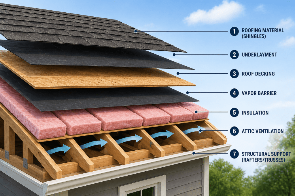 A graphic showing the layers of a roof