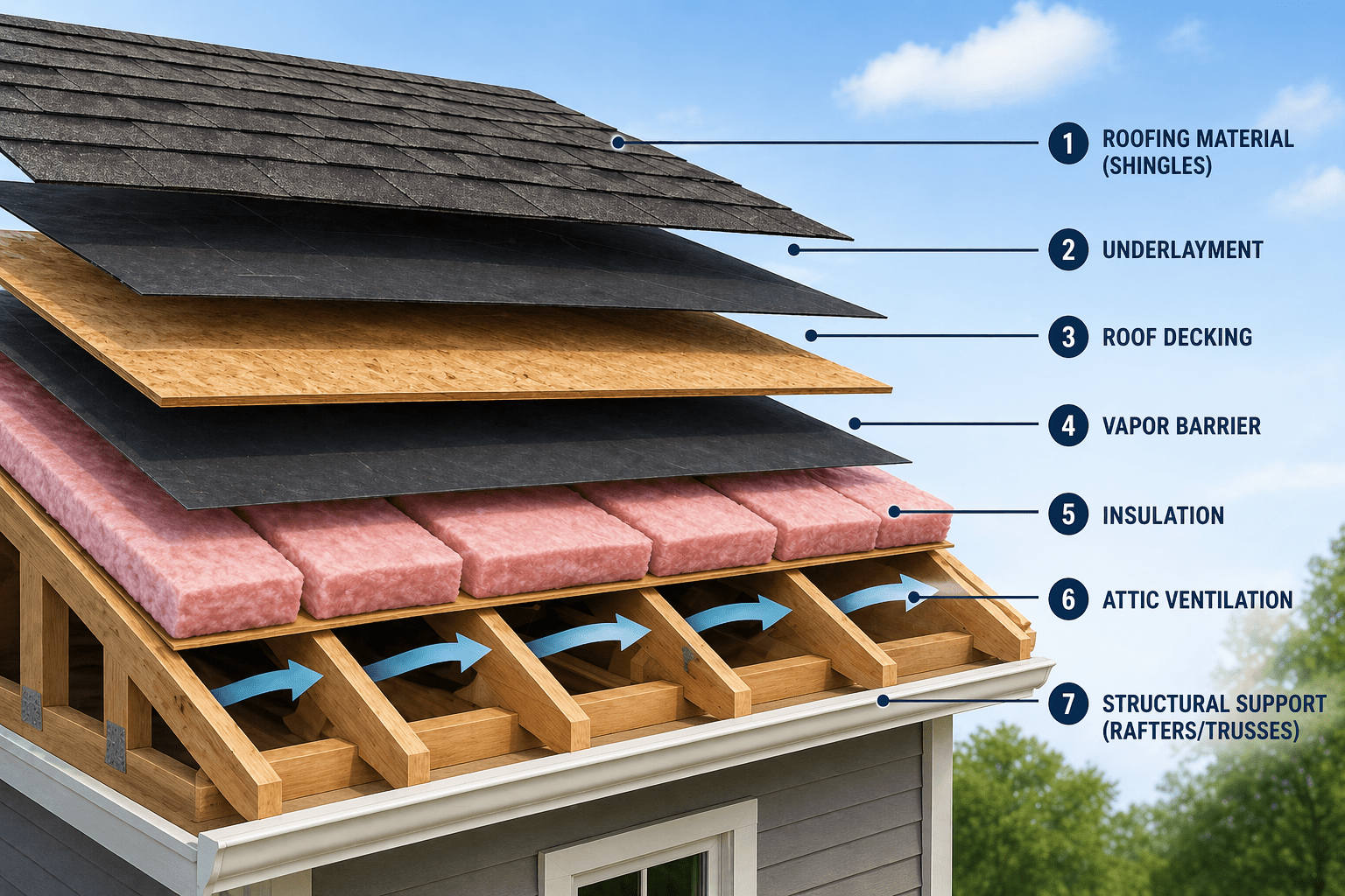 A graphic showing the layers of a roof