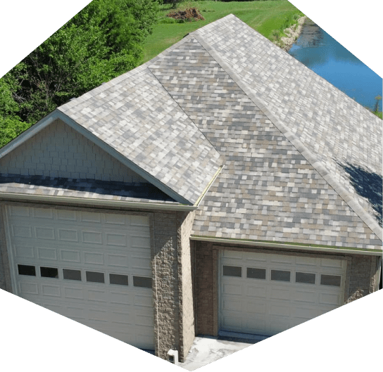 Aerial view of a shingled roof.