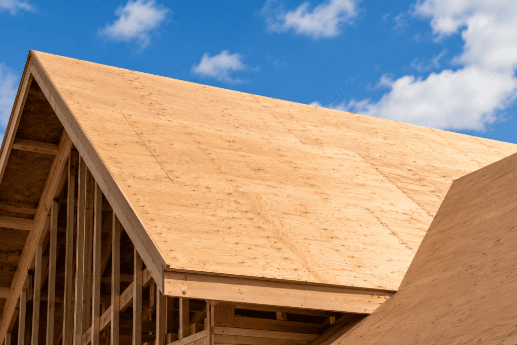 Roof decking exposed on a roof during a roof replacement, prompting the question "What is the process of replacing roof decking​?"