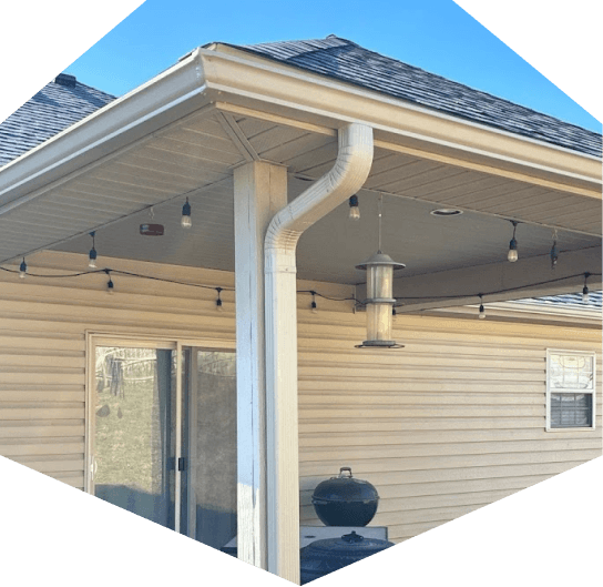 Patio with roof and hanging lights and gutter