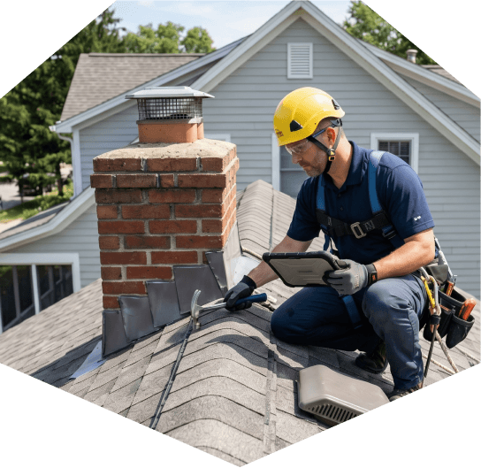 Worker inspecting roof with tablet